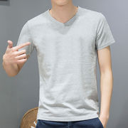 男士短袖t恤v领纯棉，打底衫潮流，夏季韩版修身衣服半袖纯色白体桖