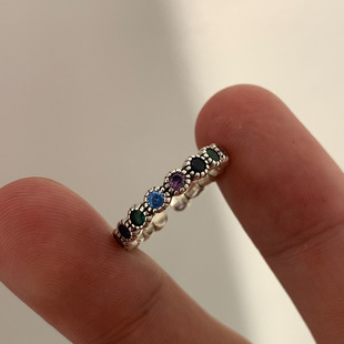 韩版s925银彩色锆石戒指女复古时尚，璀璨拼色花朵开口指环食指戒潮
