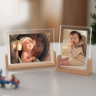 实木相框摆台定制高级感洗照片做成儿童照亚克力透明水晶桌面摆件