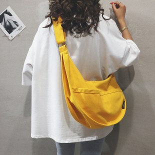 帆布包女夏黄色斜挎包休闲包包，2024大容量学生单肩背包饺子包