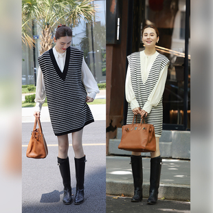 winnietang高克重100%羊毛宽松版型，v领连衣裙经典黑白条纹针织裙
