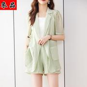 亚麻短袖小西装外套女夏季薄款2023韩版休闲西服短裤套装