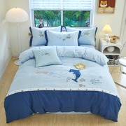 全棉床单被套儿童卡通四件套1.35床笠男孩纯棉床上用品三件套蓝色