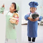 韩版儿童成人纯棉麻围裙厨师帽蓝色条纹袖套男女幼儿园表演服帽子
