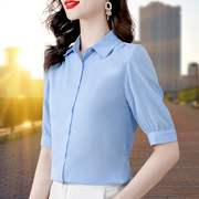 中袖雪纺衬衫女2024夏季气质妈妈装百搭衬衣，蓝色洋气短袖小衫