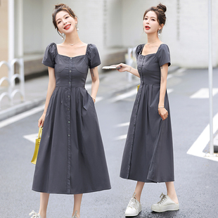 2024夏季设计感小众，韩系连衣裙女短袖，中长款显瘦气质灰色时尚裙子