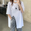 韩版2021夏季纯棉不规则米奇t恤女上衣开叉中长款体恤设计感