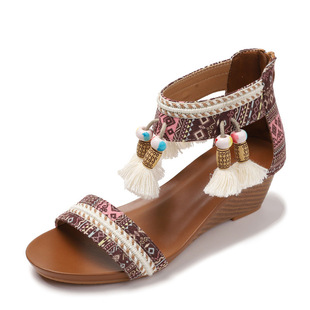 刺绣凉鞋女2024夏季波(夏季波)西米亚民族风，复古流苏罗马坡跟旅游女鞋