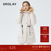 OROLAY欧绒莱23年冬季毛领抽绳工装风保暖女士中长棉服