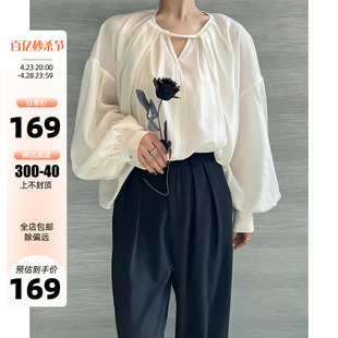 ayingjia法式镂空v领长袖，衬衫女设计感小众，高级感宽松显瘦上衣春