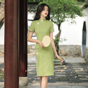 旗袍女夏季绿色小个子中长款改良淑女装连衣裙旗袍