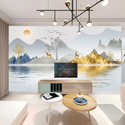 8d新中式金色麋鹿电视背景墙，壁纸客厅山水画，5d墙布3d影视墙纸壁画