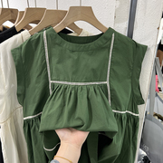 复古气质绿色衬衫女夏季高级感拼接减龄宽松套头无袖棉麻上衣