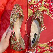 秀禾服婚鞋女平跟中式结婚新娘鞋红色孕妇婚纱两穿大码水钻单鞋子