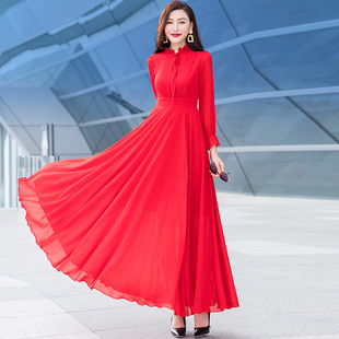 雪纺红色长袖连衣裙，女2024夏季高端白色修身气质减龄大摆长裙