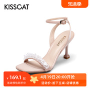 kisscat接吻猫夏季羊皮露趾方头，一字扣带细高跟，凉鞋女ka21110-11