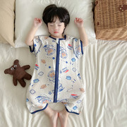 宝宝短袖睡袋夏季薄款儿童防踢被纯棉婴儿护肚连体哈衣空调家居服