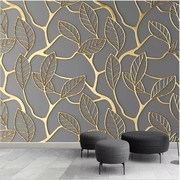 北欧简约典雅金色立体墙纸叶子，浮雕树叶壁纸客厅电视背景个性墙布