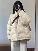 米白色pu皮棉服外套女2023冬季夹棉面包服小个子保暖棉衣