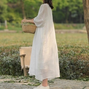 2024春季棉麻连衣裙白色超仙柔软苎麻圆领七分袖高端气质中长裙子