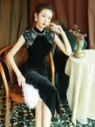 黑色丝绒旗袍2022年性感时尚长款显瘦复古中国风，改良连衣裙女