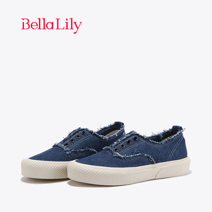 bellalily一脚蹬复古帆布鞋，女牛仔布板鞋，透气休闲鞋子