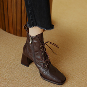 羊皮高跟短靴女棉鞋系带，方头棕色真皮，粗跟马丁靴2023秋冬靴子