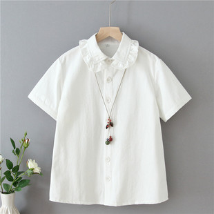 2024夏季日系小众衬衣上衣设计感娃娃领短袖白衬衫女T恤学生