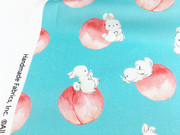 水蓝底蜜桃兔子卡通数码印花布，diy手工儿童连衣裙，中古包桌布(包桌布)发带
