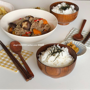日式木碗家用米饭碗，日式餐具木碗日料木制小汤碗4.5英寸家用餐具