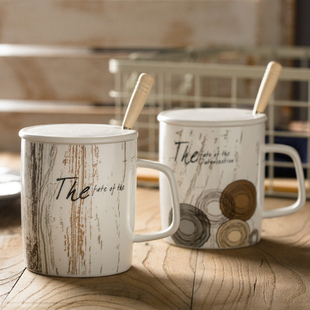 创意陶瓷杯子简约水杯家用马克杯带盖勺个性潮流牛奶杯咖啡杯茶杯