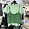 韩版糖果色减龄韩系ins纯色百搭针织，吊带背心+短袖，t恤两件套装女