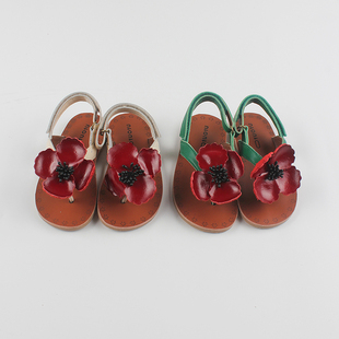 女童夏季立体花朵夹趾真皮，凉鞋2023年夏季复古小众儿童鞋子