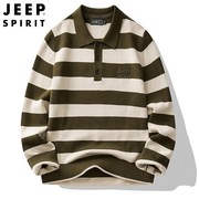 jeep吉普秋冬季翻领纯棉毛衣，男士加厚刺绣，宽松条纹潮流针织衫上衣