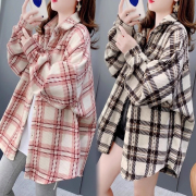 大码女装中长款格子加厚衬衫女秋冬季韩版宽松设计感上衣外套
