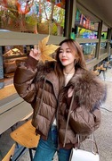 韩版超大貉子毛领羽绒服女加厚90白鸭绒(白鸭绒，)短款面包服2023冬季潮