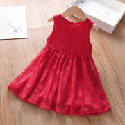 儿童夏季洋气裙子2022女童连衣裙夏装红色背心超仙公主网纱裙