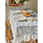 美式法式浪漫复古圆桌布绣花白色，荷叶边裙摆茶几台布长方形餐桌布