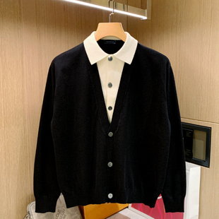 韩版时尚休闲叠穿假两件毛衣，男秋冬季个性，拼接翻领针织开衫外套男