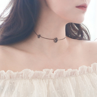 S925黑色玫瑰花朵项链女纯银时尚气质简约短款颈链chocker