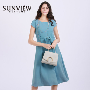 sunview尚约长款纯色连衣裙，短袖中长款飘逸女装湖蓝色设计师款