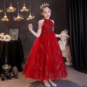 儿童公主裙钢琴演出服女童礼服2023洋气主持人红色气质走秀春