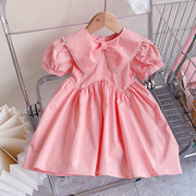 女童超仙粉色公主裙，2024夏季韩版儿童，洋气珍珠娃娃领连衣裙子