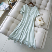 时尚法式连衣裙2024女夏季清新薄荷绿提花裙子气质显瘦长裙