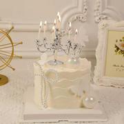 214情人节生日蛋糕装饰复古烛台摆件情侣告白珍珠蝴蝶结插件