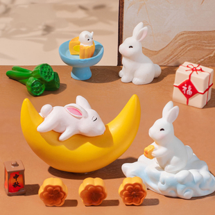 微景观树脂工艺品可爱卡通动物，中秋节月饼兔子园艺造景装饰品配件