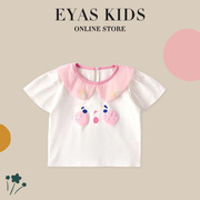 EYAS女童娃娃领可爱小表情短袖2024夏季甜美童趣印花上衣T恤