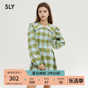 sly夏季薄荷曼波风格纹，海军领收腰，少女连衣裙038faz33-4570