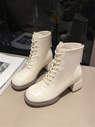 2023秋季韩版显瘦时装靴，系带后拉链圆头粗高跟，短靴短筒女靴子