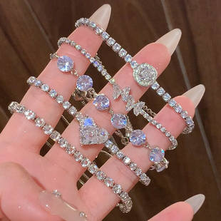银色锆石手链女生款水晶闺蜜手链，轻奢小众精致手串手绳满钻手饰品